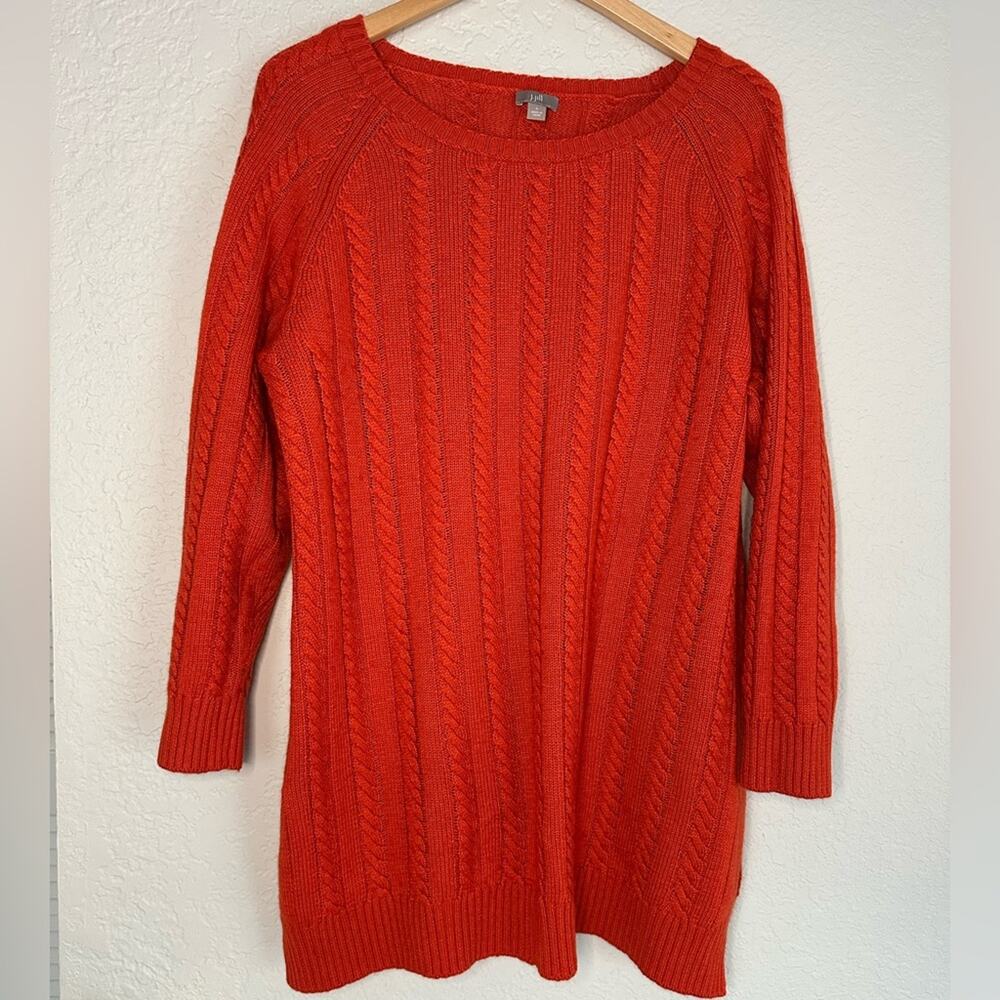 J. Jill Orange Cable Knit Wool Sweater Preppy Bright Cozy Vacation Fall Casual